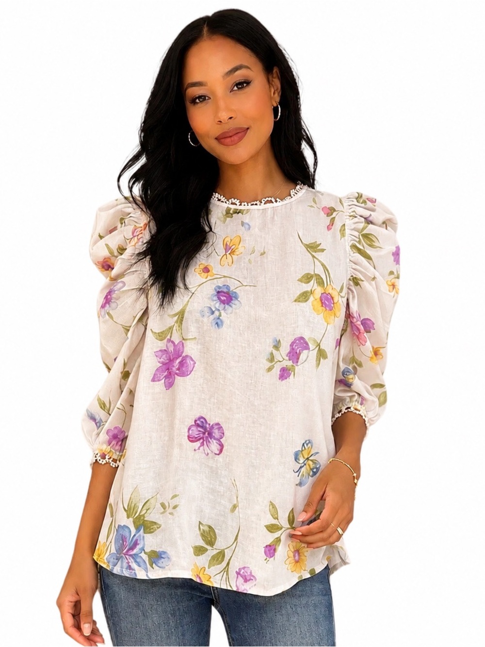 Laura Ashley Cream Floral Puff-Sleeve Blouse